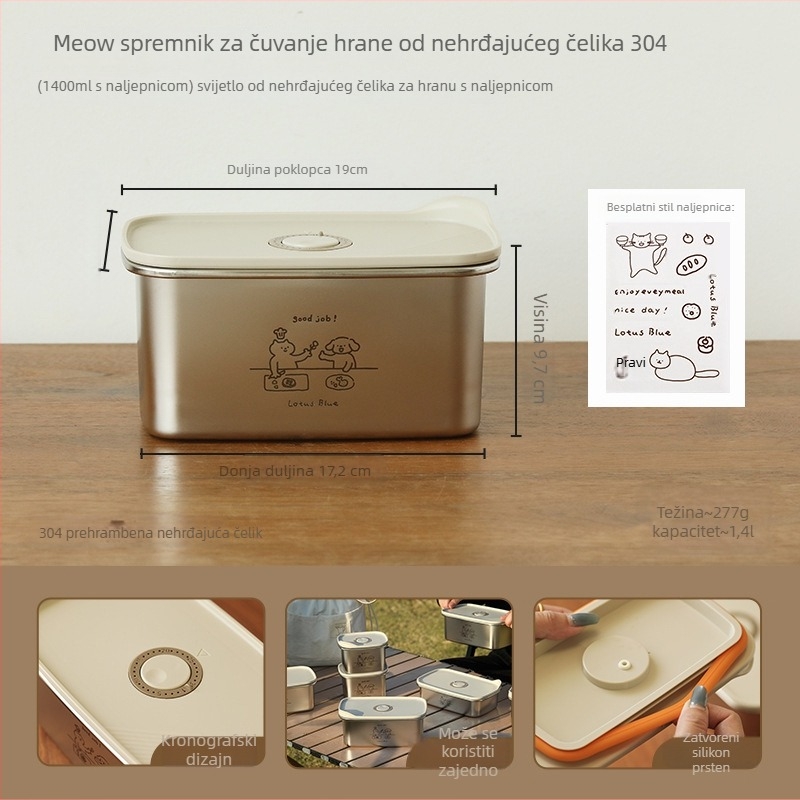 Kutija za ručak od nehrđajućeg čelika s poklopcem, okruglog oblika, zapečaćena za očuvanje svježine hrane, kapacitet 301–500 ml, nije pogodno za mikrovalnu pećnicu