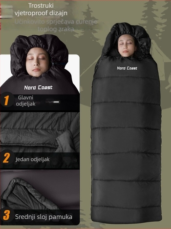 Spavaći vreć za odrasle, stil omotnice - punilo: šuplja pamuk; podstava: brušena tkanina; tkanina: 210T poliester vodootporan kalendirani reljef romba; stil: omotnica; težina: 1.25–1.95 kg