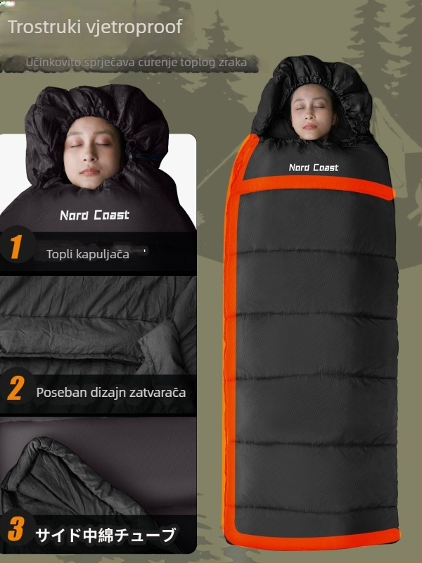 Spavaći vreć za odrasle, stil omotnice - punilo: šuplja pamuk; podstava: brušena tkanina; tkanina: 210T poliester vodootporan kalendirani reljef romba; stil: omotnica; težina: 1.25–1.95 kg