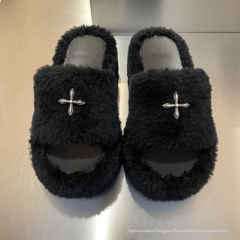 Papuče s umjetnim krznom i visokim petama, gumom potplatom, okrugla špička, mrežasta podstava, ležerni stil