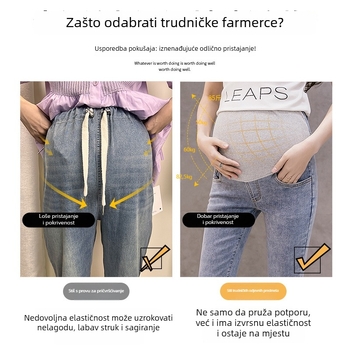 Trudničke traperice od denima s visokim udjelom elastana, slobodan kroj, široke nogavice, podrška trbuhu, jesen 2024