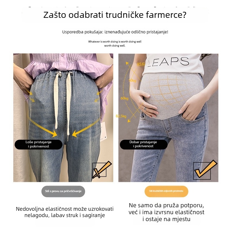 Trudničke traperice od denima s visokim udjelom elastana, slobodan kroj, široke nogavice, podrška trbuhu, jesen 2024