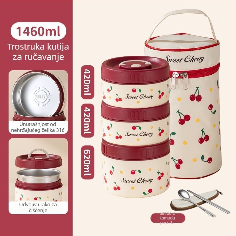 Kutija za obrok od 316 nerđajućeg čelika, izolirana, mikrovalna sigurna, trodijelna, kapacitet 301–800 ml