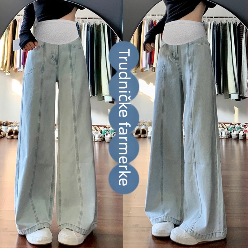 Trudničke traperice s širokim krojem, lagana pamuk-poliester mješavina s elastanom, podrška trbuha, proljeće/ljeto 2025, udoban slobodan kroj