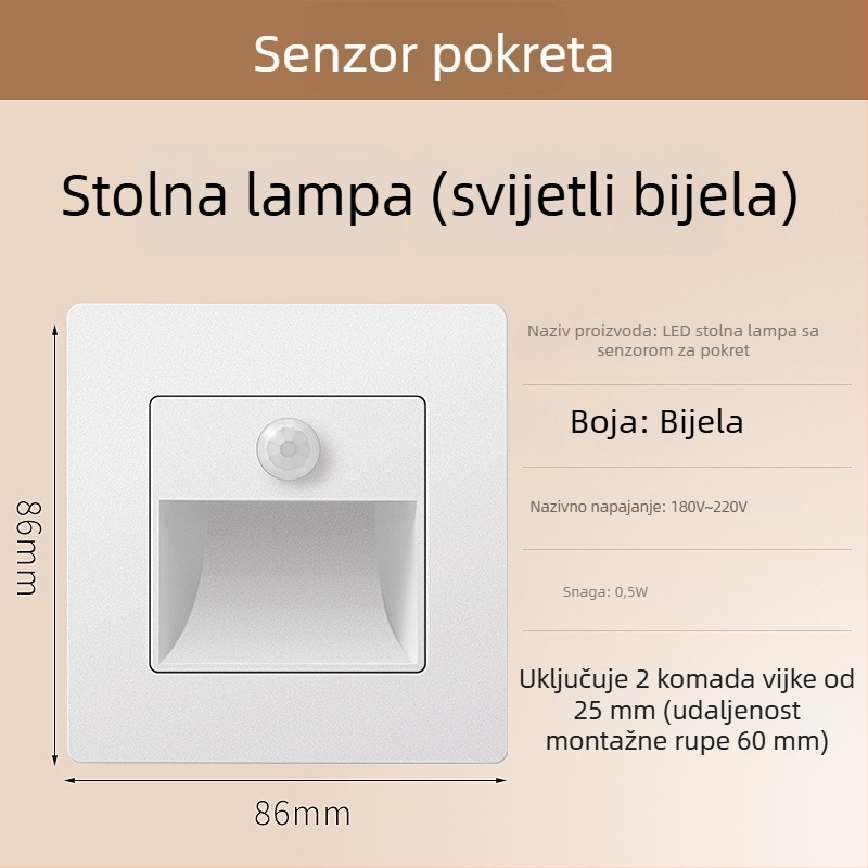 Svjetlo za stepenice sa senzorom pokreta, ugradbeni dizajn tipa 86, LED svjetlo za korak, PC kućište, 220V