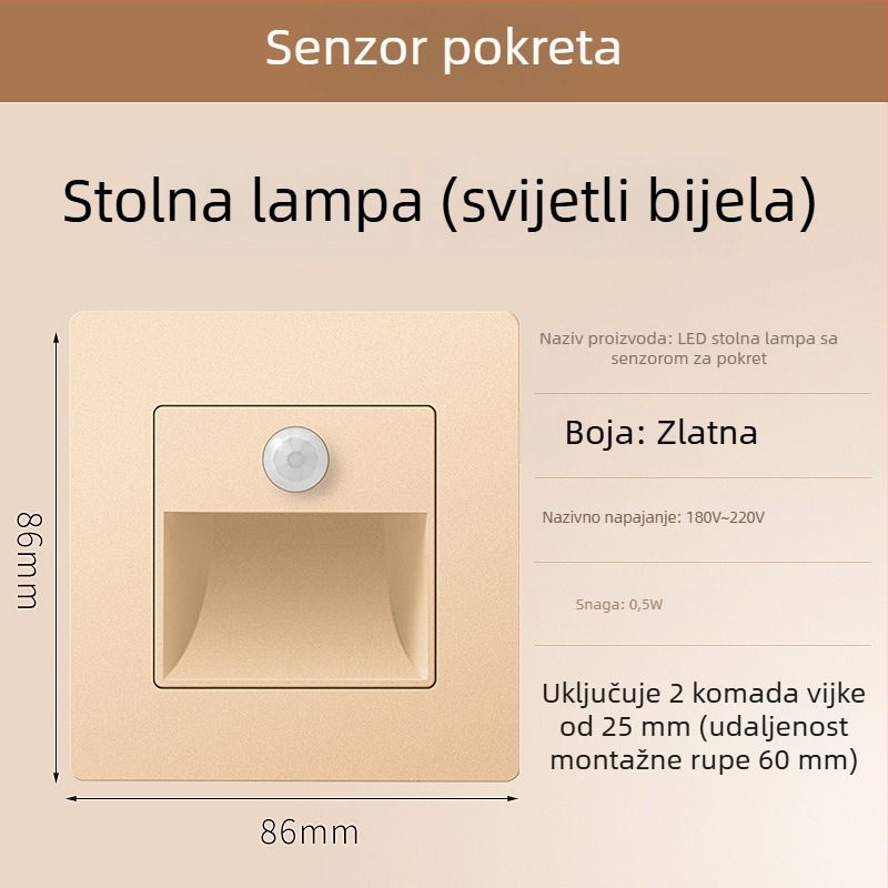 Svjetlo za stepenice sa senzorom pokreta, ugradbeni dizajn tipa 86, LED svjetlo za korak, PC kućište, 220V
