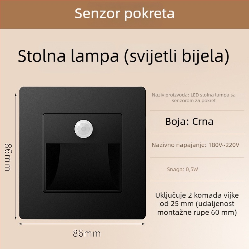 Svjetlo za stepenice sa senzorom pokreta, ugradbeni dizajn tipa 86, LED svjetlo za korak, PC kućište, 220V