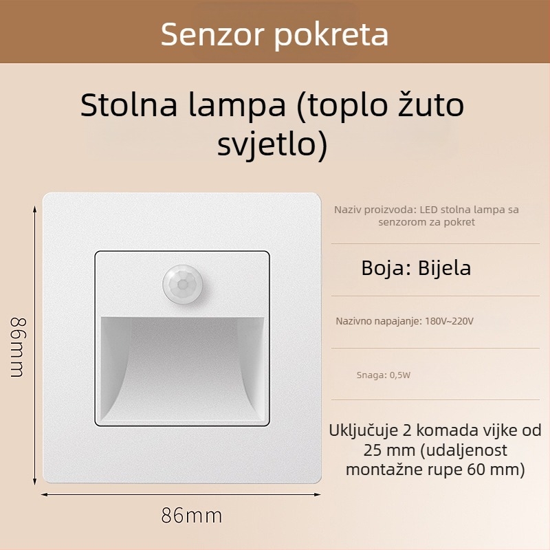 Svjetlo za stepenice sa senzorom pokreta, ugradbeni dizajn tipa 86, LED svjetlo za korak, PC kućište, 220V