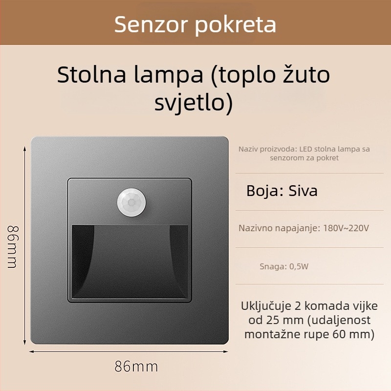 Svjetlo za stepenice sa senzorom pokreta, ugradbeni dizajn tipa 86, LED svjetlo za korak, PC kućište, 220V