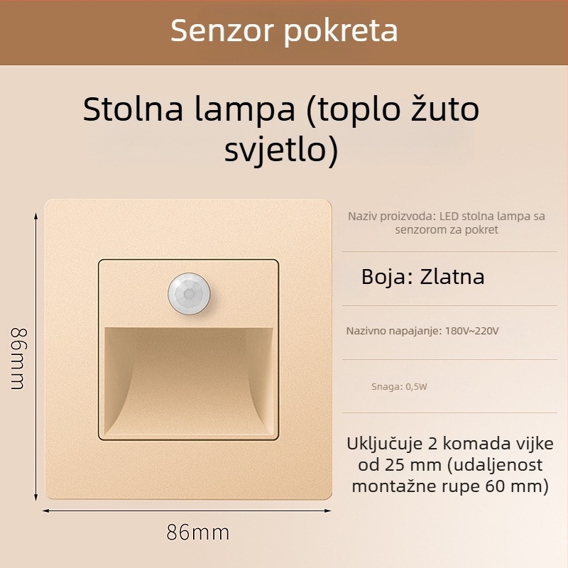 Svjetlo za stepenice sa senzorom pokreta, ugradbeni dizajn tipa 86, LED svjetlo za korak, PC kućište, 220V