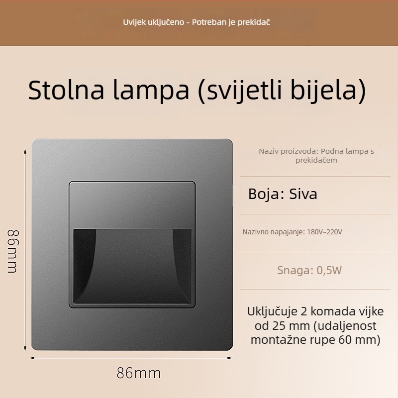 Svjetlo za stepenice sa senzorom pokreta, ugradbeni dizajn tipa 86, LED svjetlo za korak, PC kućište, 220V