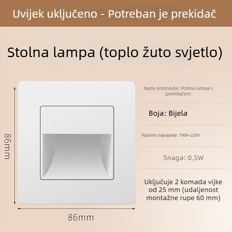 Svjetlo za stepenice sa senzorom pokreta, ugradbeni dizajn tipa 86, LED svjetlo za korak, PC kućište, 220V