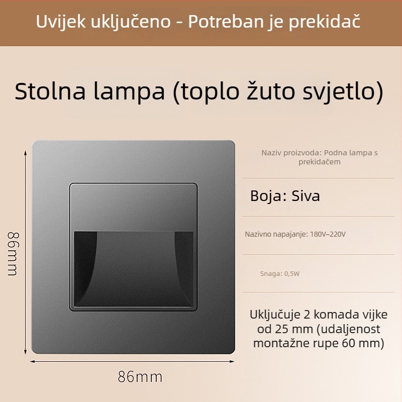 Svjetlo za stepenice sa senzorom pokreta, ugradbeni dizajn tipa 86, LED svjetlo za korak, PC kućište, 220V