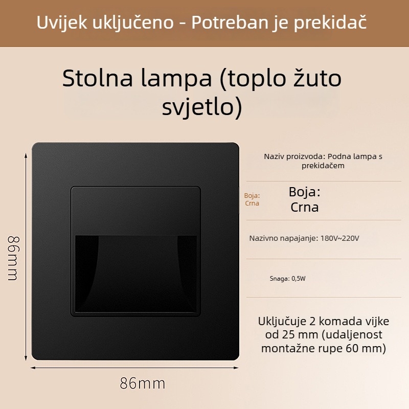 Svjetlo za stepenice sa senzorom pokreta, ugradbeni dizajn tipa 86, LED svjetlo za korak, PC kućište, 220V
