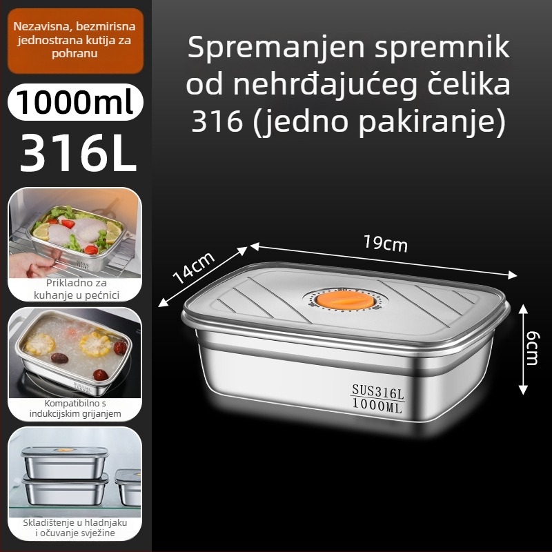 Kutija za ručak od 316 nerđajućeg čelika, sigurna za mikrovalnu, kvadratni oblik, 800–1000 ml