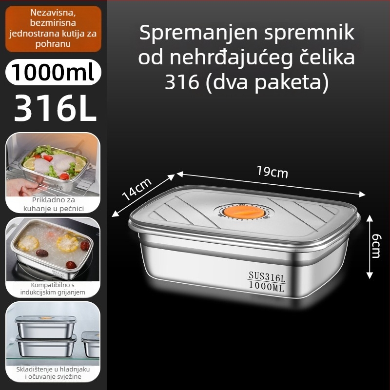 Kutija za ručak od 316 nerđajućeg čelika, sigurna za mikrovalnu, kvadratni oblik, 800–1000 ml