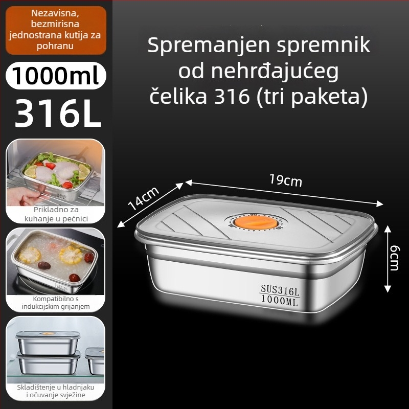 Kutija za ručak od 316 nerđajućeg čelika, sigurna za mikrovalnu, kvadratni oblik, 800–1000 ml