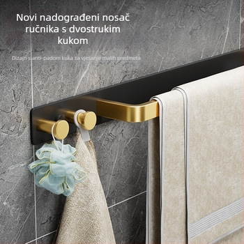 Zidni držač za ručnike s kukom, bez bušenja, kupaonica, jednoručna šipka, uklonjiv, nosivost 50 kg, aluminij