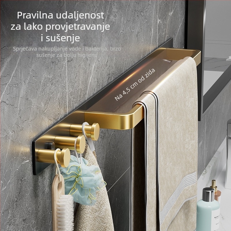 Zidni držač za ručnike s kukom, bez bušenja, kupaonica, jednoručna šipka, uklonjiv, nosivost 50 kg, aluminij