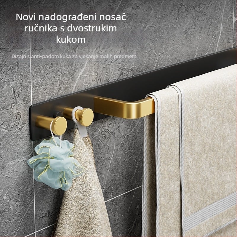 Zidni držač za ručnike s kukom, bez bušenja, kupaonica, jednoručna šipka, uklonjiv, nosivost 50 kg, aluminij