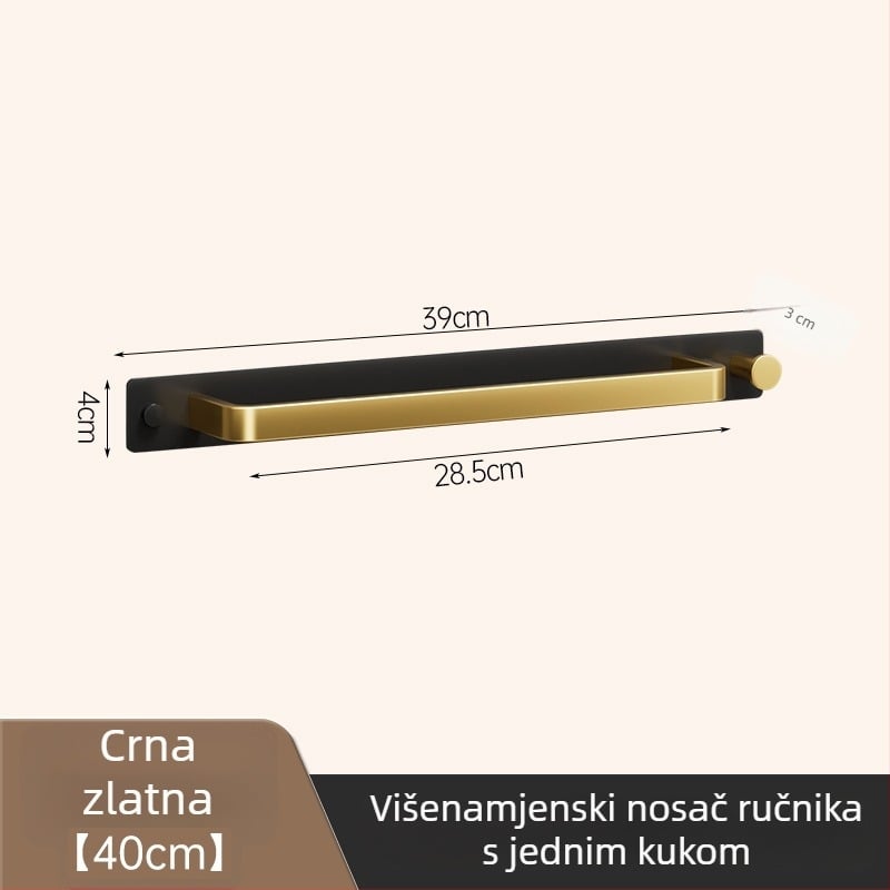 Zidni držač za ručnike s kukom, bez bušenja, kupaonica, jednoručna šipka, uklonjiv, nosivost 50 kg, aluminij