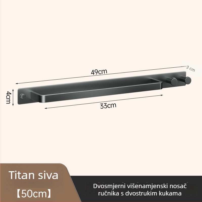 Zidni držač za ručnike s kukom, bez bušenja, kupaonica, jednoručna šipka, uklonjiv, nosivost 50 kg, aluminij