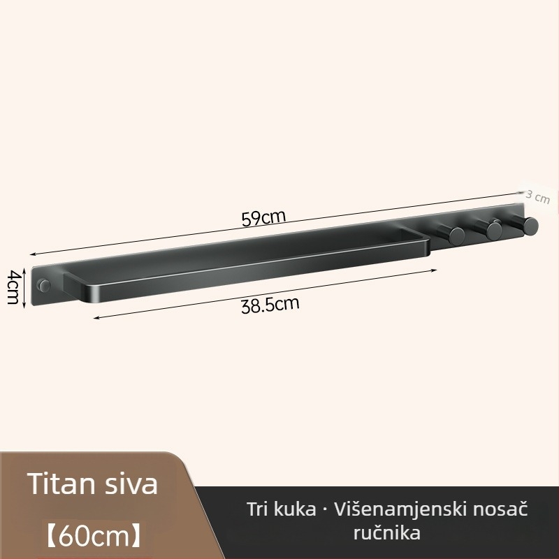 Zidni držač za ručnike s kukom, bez bušenja, kupaonica, jednoručna šipka, uklonjiv, nosivost 50 kg, aluminij