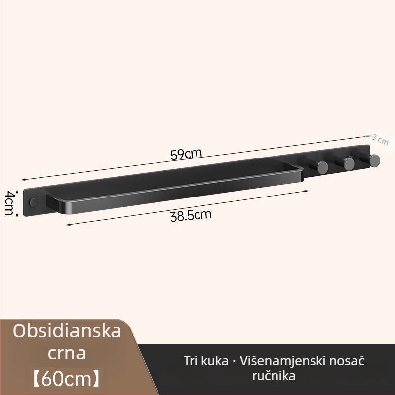 Zidni držač za ručnike s kukom, bez bušenja, kupaonica, jednoručna šipka, uklonjiv, nosivost 50 kg, aluminij