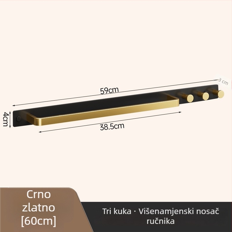 Zidni držač za ručnike s kukom, bez bušenja, kupaonica, jednoručna šipka, uklonjiv, nosivost 50 kg, aluminij