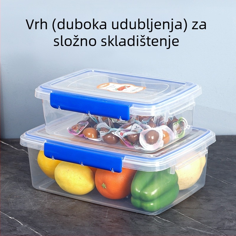 Prozirna PP kutija za čuvanje svježeg, kvadratna, kapacitet 1–5 L, jednostepenska konstrukcija, mikrovalna pećnica nije kompatibilna, sa zatvaračem poklopca