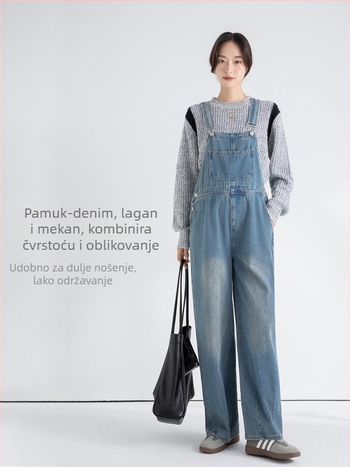 Trudnički džins kombinezon s trakama, širok kroj, pamuk 80–90%, korejski stil, proljeće 2024