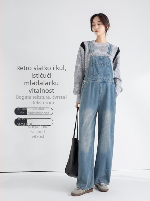 Trudnički džins kombinezon s trakama, širok kroj, pamuk 80–90%, korejski stil, proljeće 2024