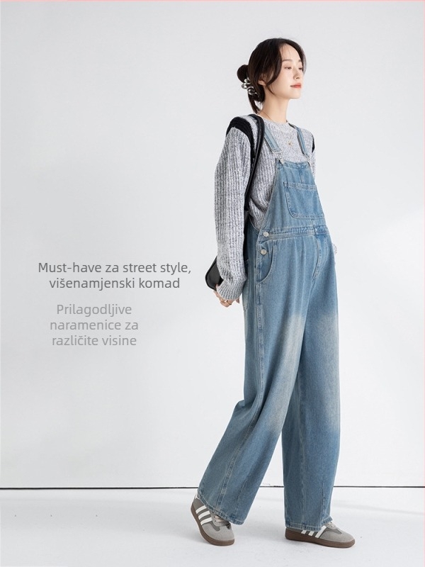 Trudnički džins kombinezon s trakama, širok kroj, pamuk 80–90%, korejski stil, proljeće 2024