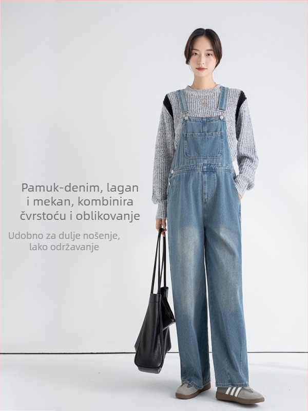 Trudnički džins kombinezon s trakama, širok kroj, pamuk 80–90%, korejski stil, proljeće 2024