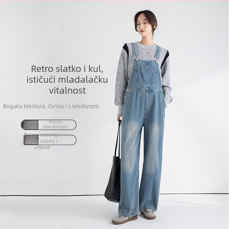 Trudnički džins kombinezon s trakama, širok kroj, pamuk 80–90%, korejski stil, proljeće 2024