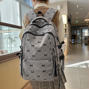 Corduroy ruksak s mašnicom, unisex, korejski stil, kapacitet 36–55 L, 13-inčni laptop