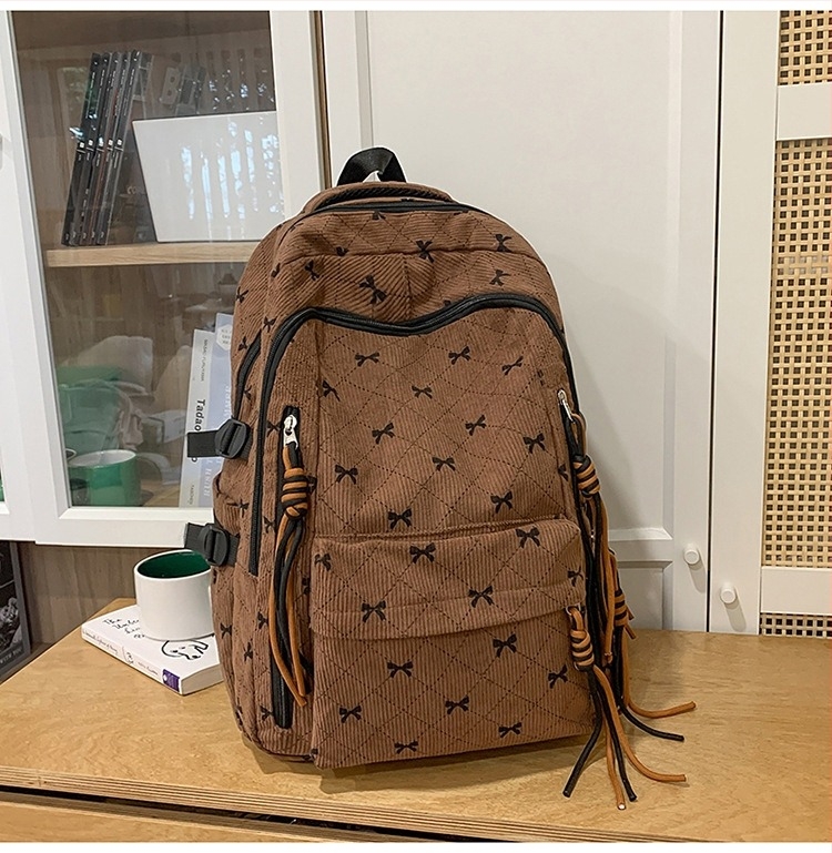 Corduroy ruksak s mašnicom, unisex, korejski stil, kapacitet 36–55 L, 13-inčni laptop