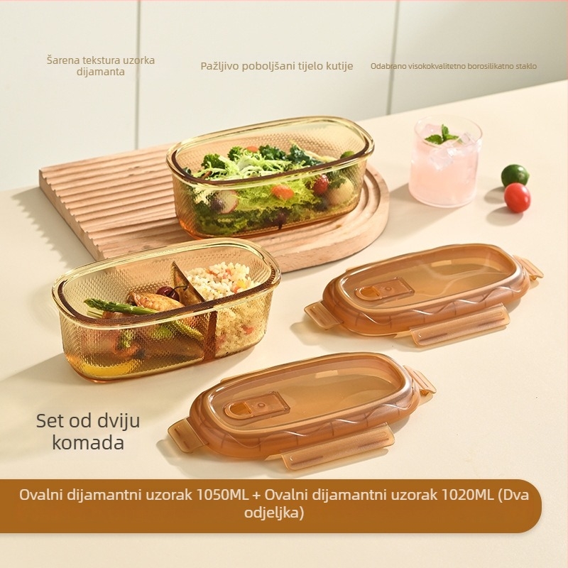 Staklena kutija za ručak, ovalnog oblika, borosilikatno staklo, mikrovalna sigurna, kapacitet 1–2 L
