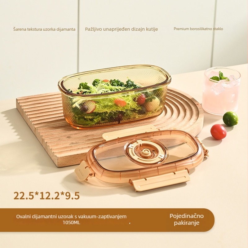 Staklena kutija za ručak, ovalnog oblika, borosilikatno staklo, mikrovalna sigurna, kapacitet 1–2 L
