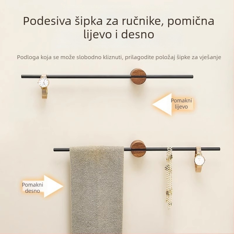 Zidni držač za ručnike, drveni, bez bušenja, jednopolna šipka za ručnike i polica za papuče, nosivost 10