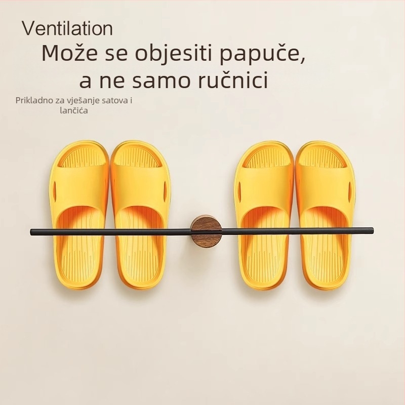 Zidni držač za ručnike, drveni, bez bušenja, jednopolna šipka za ručnike i polica za papuče, nosivost 10