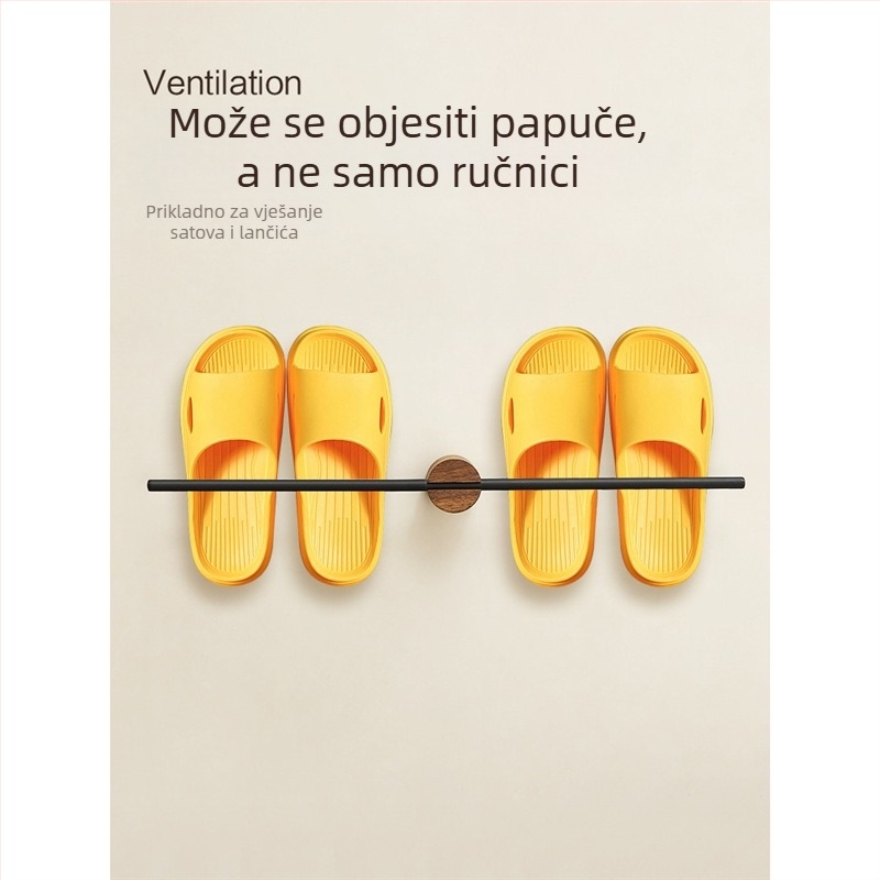 Zidni držač za ručnike, drveni, bez bušenja, jednopolna šipka za ručnike i polica za papuče, nosivost 10