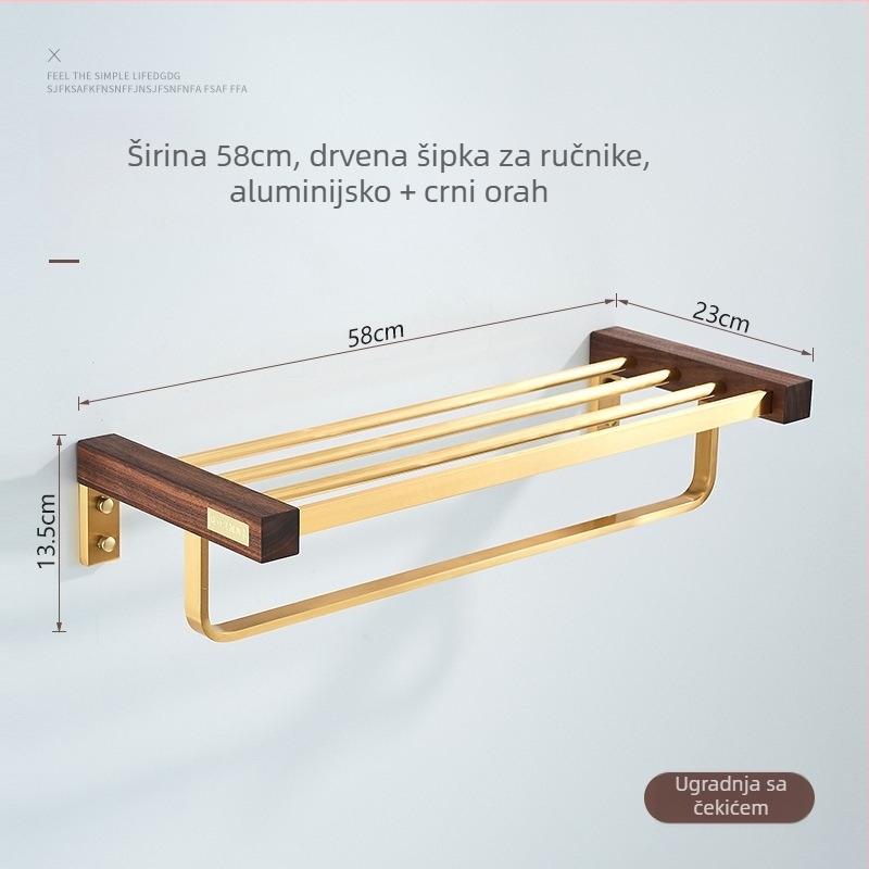 Lang Pai zidni stalak za ručnike od orašastog drveta – 2 etaže, nosivost 20 kg, bez bušenja, kupaonica, oksidacijski završni sloj