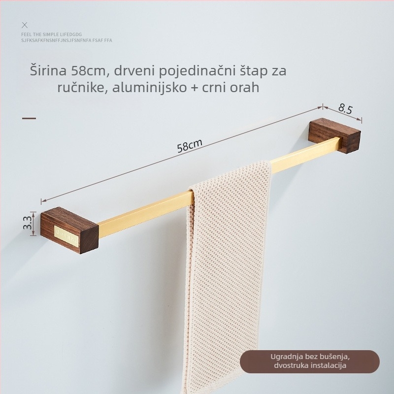 Lang Pai zidni stalak za ručnike od orašastog drveta – 2 etaže, nosivost 20 kg, bez bušenja, kupaonica, oksidacijski završni sloj