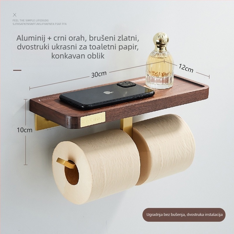 Lang Pai zidni stalak za ručnike od orašastog drveta – 2 etaže, nosivost 20 kg, bez bušenja, kupaonica, oksidacijski završni sloj