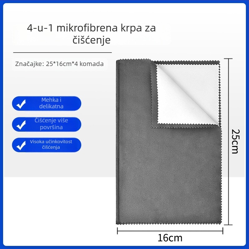 Četiri u jednom mikrovlakna krpa za čišćenje zaslona; pogodna za mobitele, tablete, prijenosna računala i MacBook; mikrovlakno; težina 31,6 g; pakiranje 1 kom.