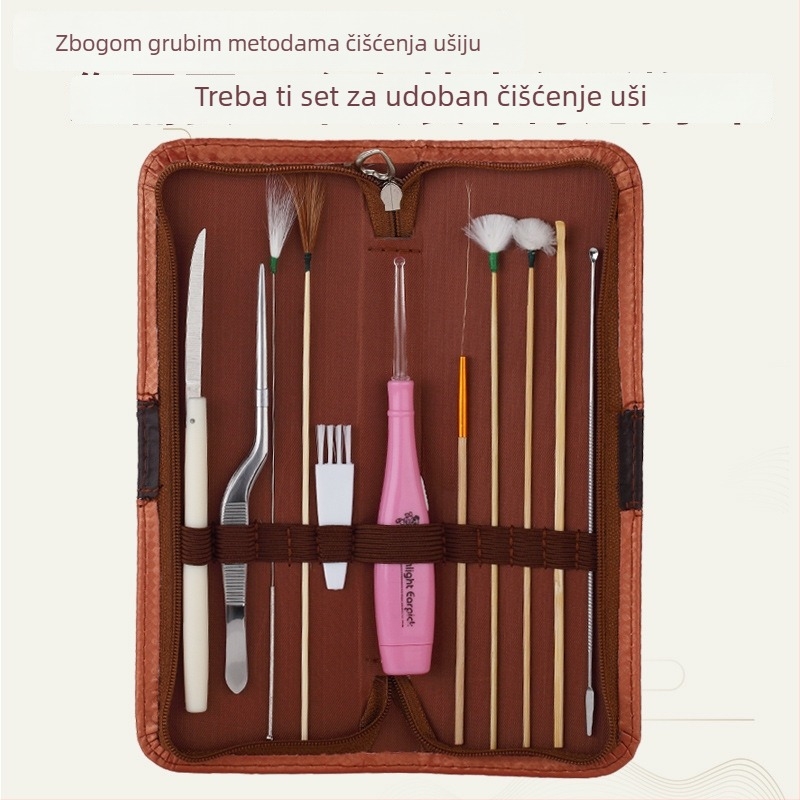 Set alata za čišćenje uha – svjetleća žlica za uho, nehrđajući čelik + futrola za pohranu, 11-dijelni komplet, marka Qilizuo