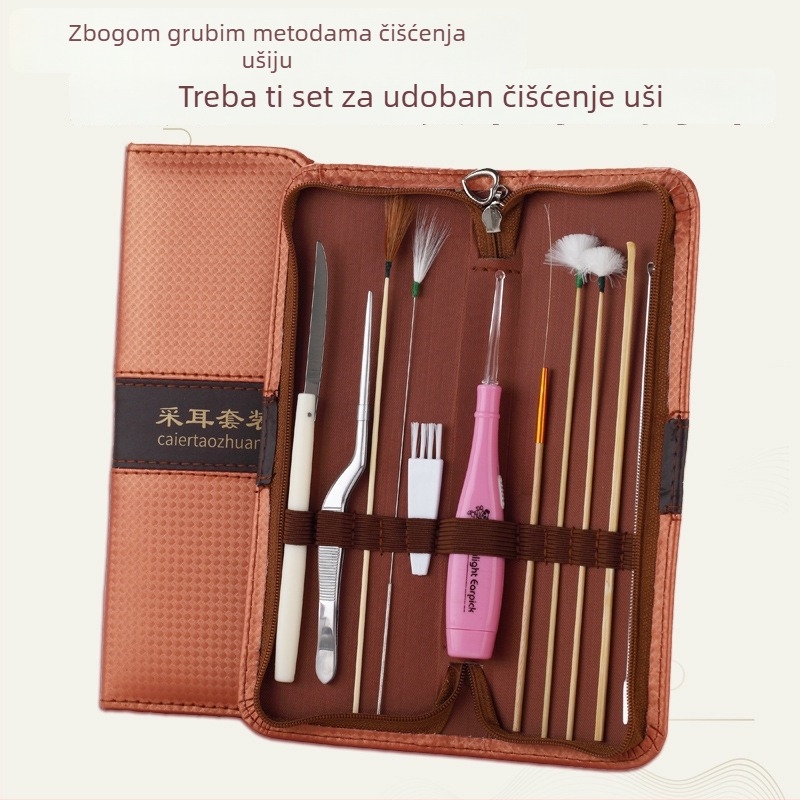 Set alata za čišćenje uha – svjetleća žlica za uho, nehrđajući čelik + futrola za pohranu, 11-dijelni komplet, marka Qilizuo