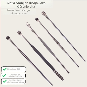 Set žličica za uši od nehrđajućeg čelika – čišćenje ušnog voska, unisex, bez svjetla