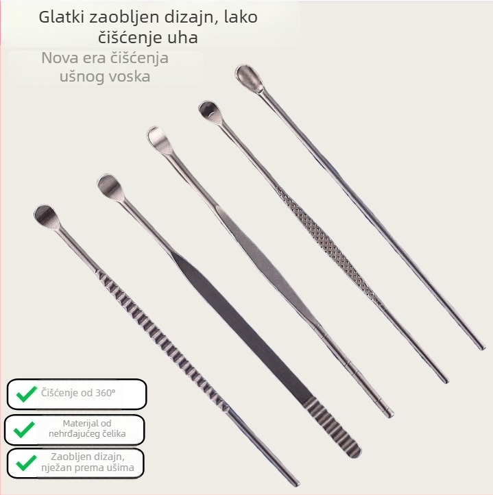 Set žličica za uši od nehrđajućeg čelika – čišćenje ušnog voska, unisex, bez svjetla